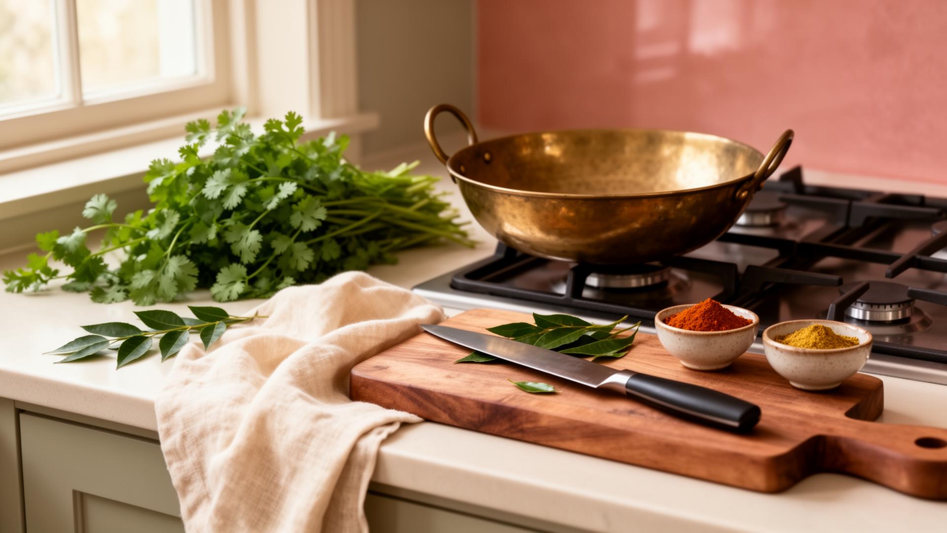 A warm home kitchen counter with brass kadhai and curry leaves