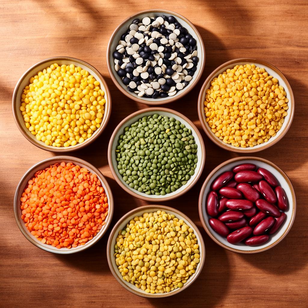 Bowls of yellow, green and orange lentils