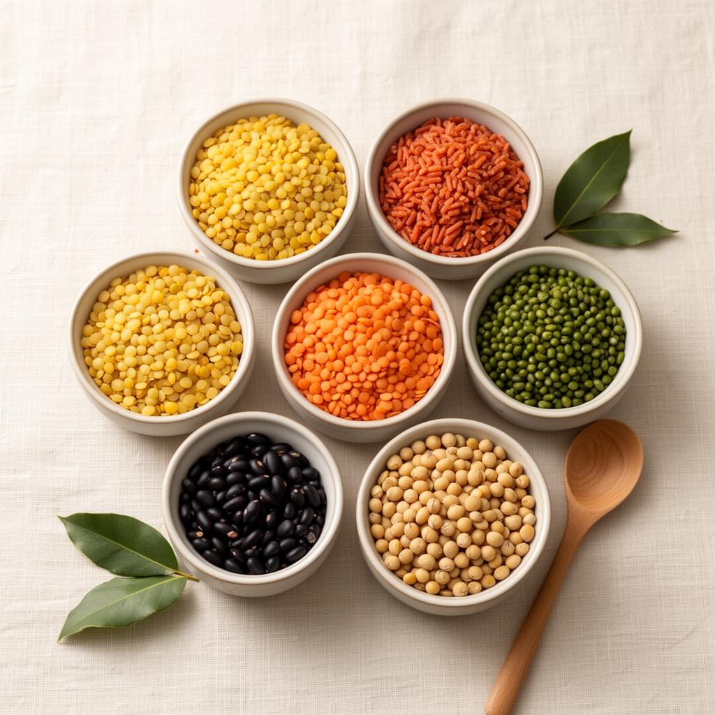 Bowls of yellow, green and orange lentils